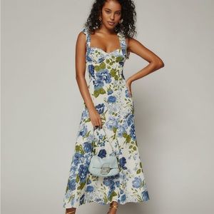 Reformation White Floral Midi Dress with Blue and Green Print